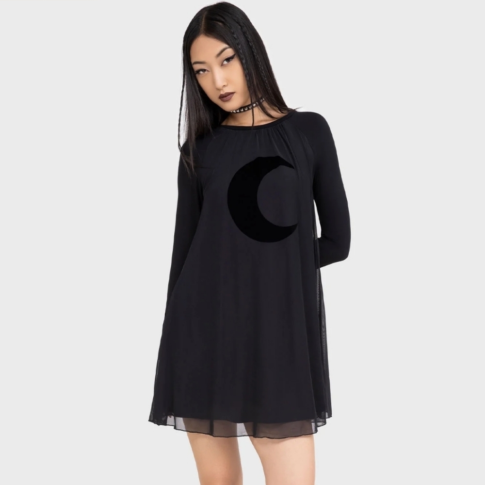 Black Crescent Moon Long-Sleeve Swing Dress